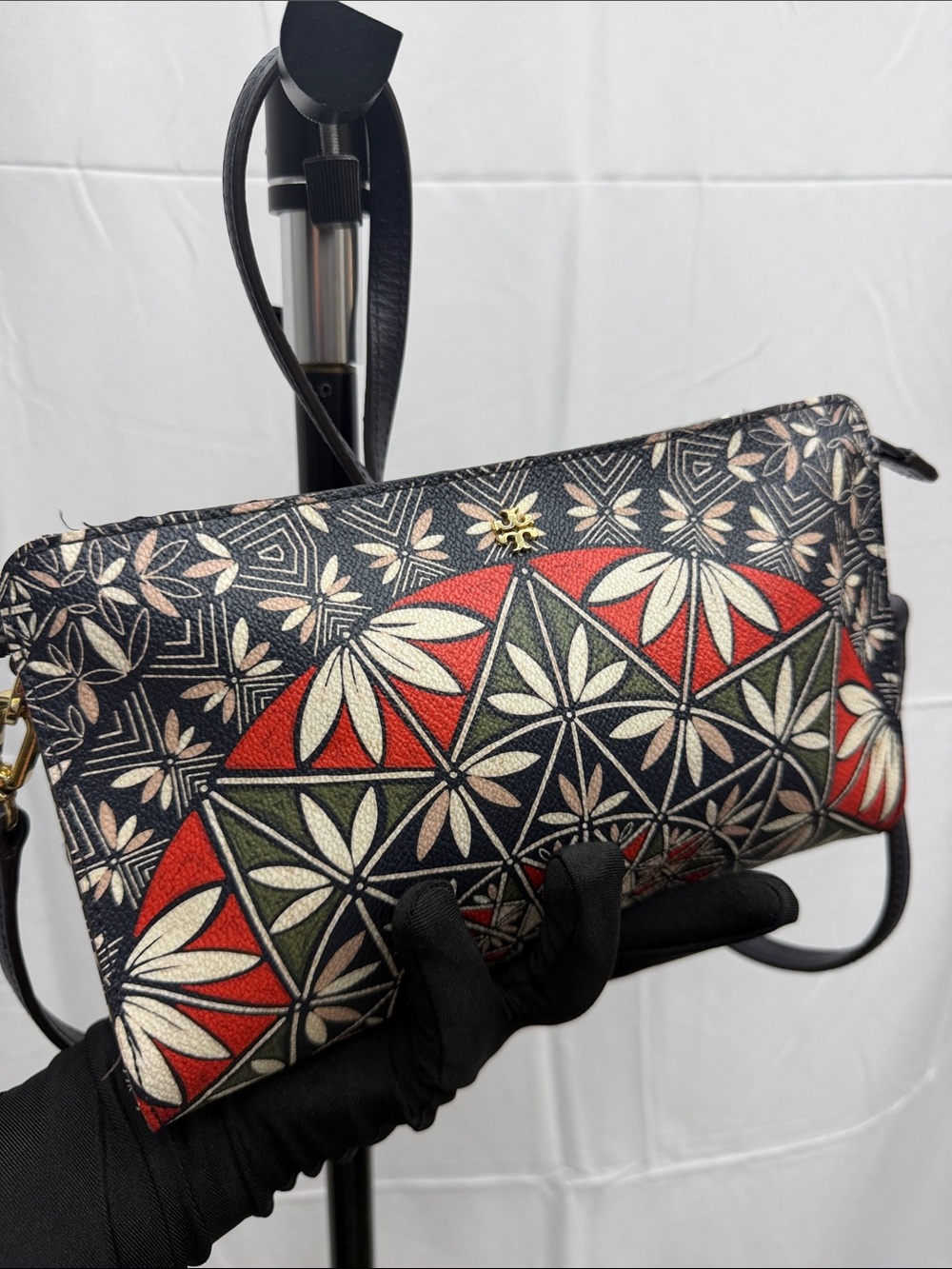 Tory Burch Floral Geometric Printed Leather Crossbody Bag - Black Red Green